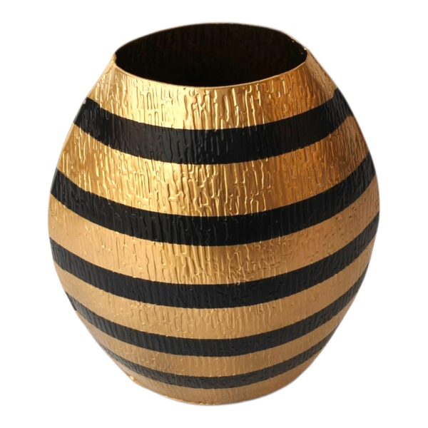 Gold Metal Flower Vase with Black Stripes – Textured Decorative Vase (11x5x12 Inch) for Modern Home Decor