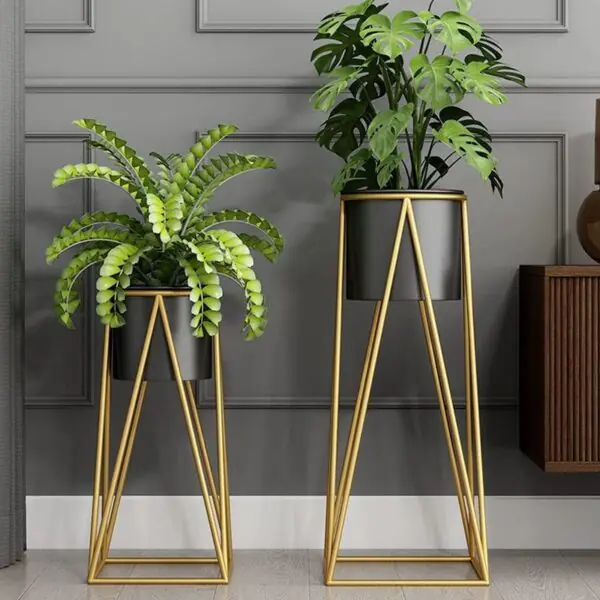 Luxury Black & Gold Metal Planter Stand Set of 2 | Modern Iron Plant Holders